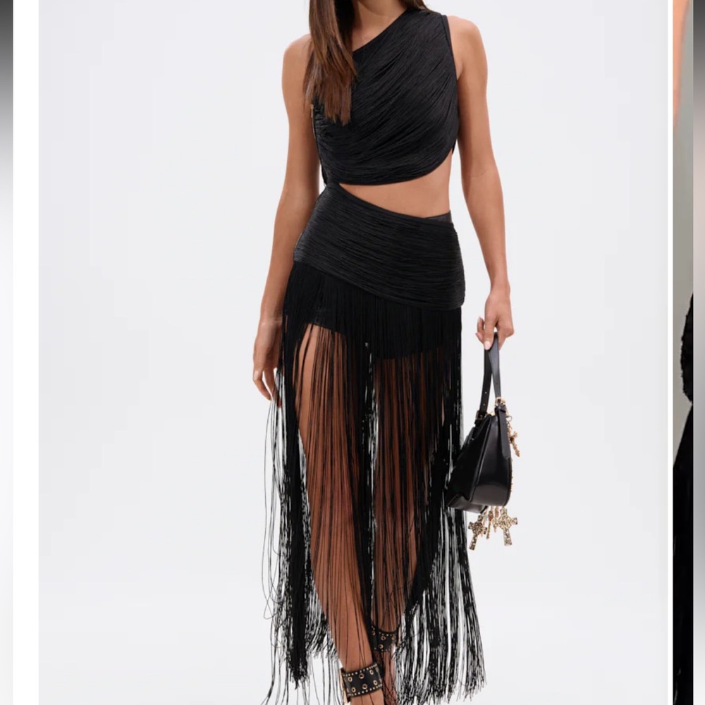 AKIRA One Shoulder Black Fringe Top